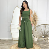 Square Neck Top And Slit Pants Suit